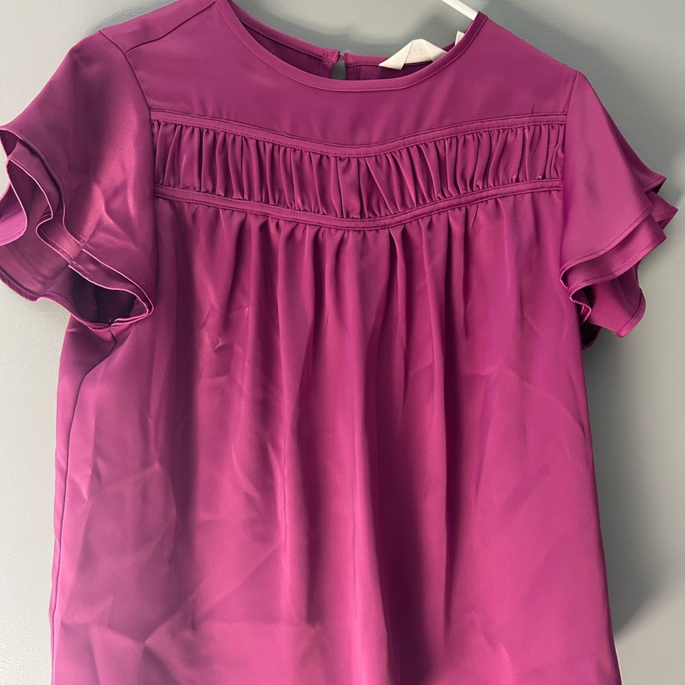 Candace Cameron Bure Flutter Sleeve Pink Ruched Blouse
